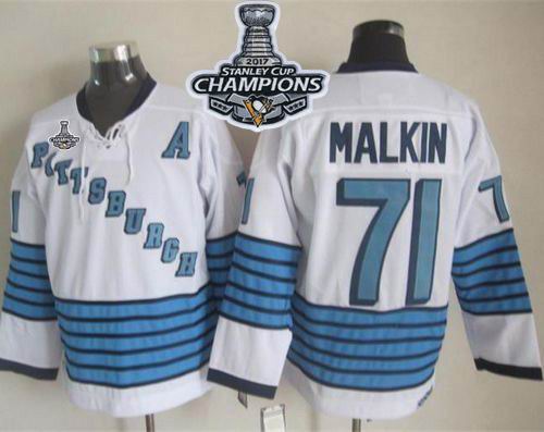 Penguins #71 Evgeni Malkin White Light Blue CCM Throwback 2017 Stanley Cup Finals Champions Stitched NHL Jersey