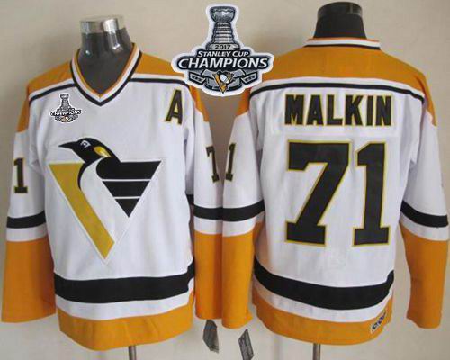 Penguins #71 Evgeni Malkin White Yellow CCM Throwback 2017 Stanley Cup Finals Champions Stitched NHL Jersey