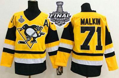 Penguins #71 Evgeni Malkin Yellow Throwback 2017 Stanley Cup Final Patch Stitched NHL Jersey