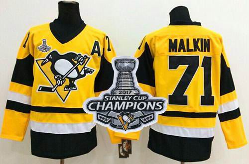 Penguins #71 Evgeni Malkin Yellow Throwback 2017 Stanley Cup Finals Champions Stitched NHL Jersey