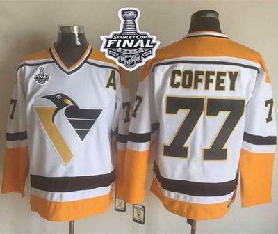 Penguins #77 Paul Coffey White Yellow CCM Throwback 2017 Stanley Cup Final Patch Stitched NHL Jersey