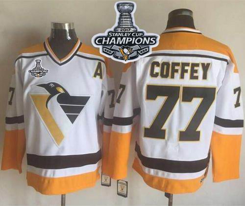 Penguins #77 Paul Coffey White Yellow CCM Throwback 2017 Stanley Cup Finals Champions Stitched NHL Jersey