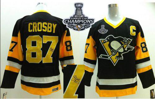 Penguins #87 Sidney Crosby Black CCM Throwback Autographed 2017 Stanley Cup Finals Champions Stitched NHL Jersey