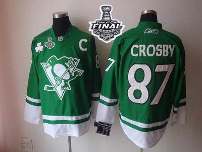 Penguins #87 Sidney Crosby Green St Patty's Day 2017 Stanley Cup Final Patch Stitched NHL Jersey