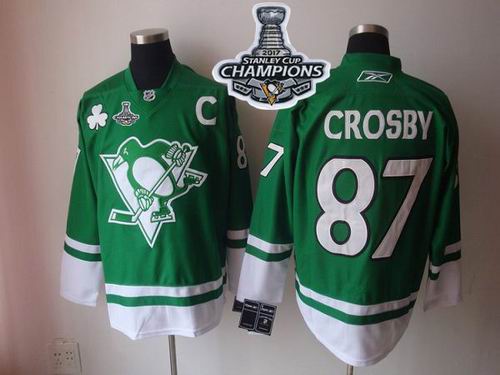Penguins #87 Sidney Crosby Green St Patty's Day 2017 Stanley Cup Finals Champions Stitched NHL Jersey