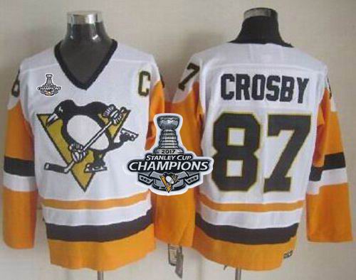 Penguins #87 Sidney Crosby White Black CCM Throwback 2017 Stanley Cup Finals Champions Stitched NHL Jersey