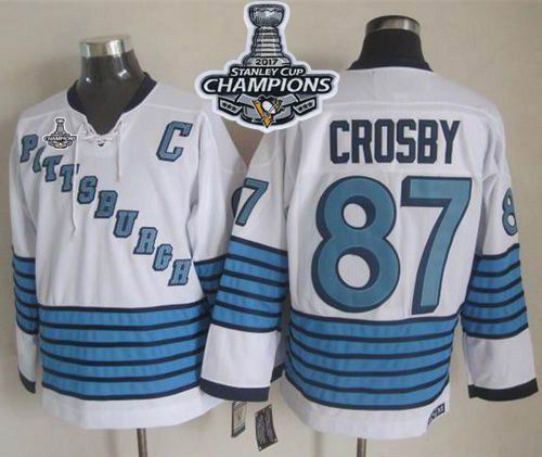 Penguins #87 Sidney Crosby White Light Blue CCM Throwback 2017 Stanley Cup Finals Champions Stitched NHL Jersey