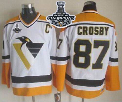 Penguins #87 Sidney Crosby White Yellow CCM Throwback 2017 Stanley Cup Finals Champions Stitched NHL Jersey