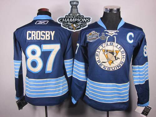 Penguins #87 Sidney Crosby Women 2011 Winter Classic Vintage Dark Blue 2017 Stanley Cup Finals Champions Stitched NHL Jersey