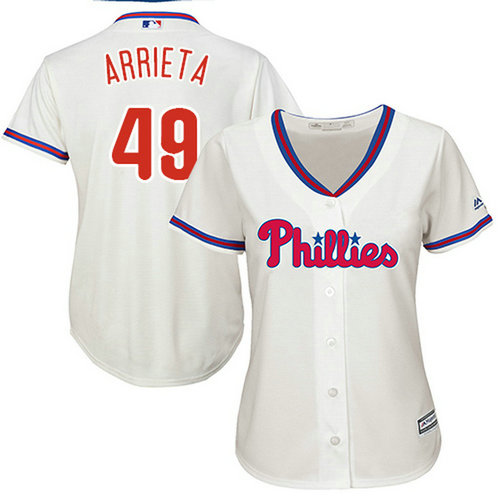Phillies #49 Jake Arrieta Cream Alternate Women's Stitched MLB Jersey_1