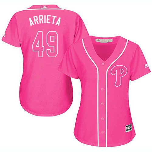 Phillies #49 Jake Arrieta Pink Fashion Women's Stitched MLB Jersey_1