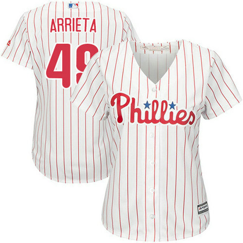 Phillies #49 Jake Arrieta White(Red Strip) Home Women's Stitched MLB Jersey_1