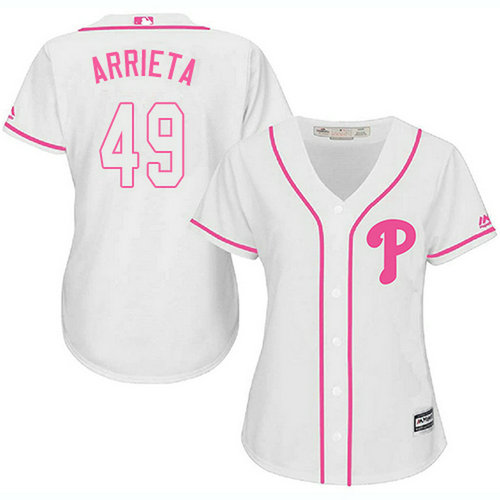 Phillies #49 Jake Arrieta White Pink Fashion Women's Stitched MLB Jersey_1