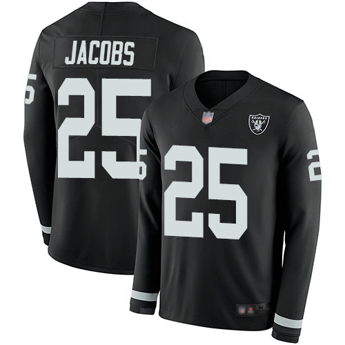 Raiders #25 Josh Jacobs Black Team Color Youth Stitched Football Limited Therma Long Sleeve Jersey