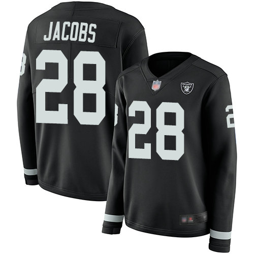 Raiders #28 Josh Jacobs Black Team Color Women's Stitched Football Limited Therma Long Sleeve Jersey