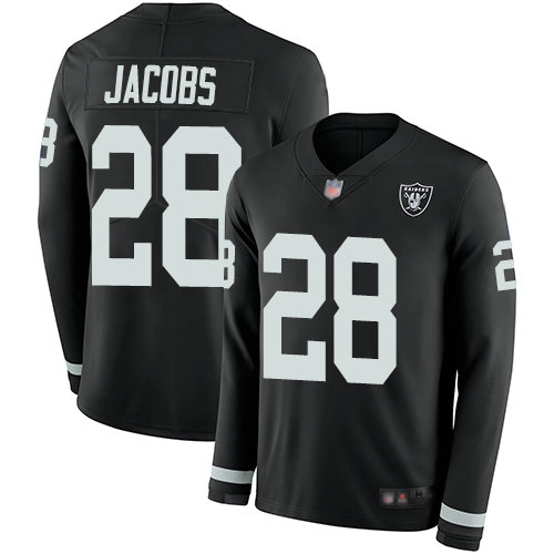 Raiders #28 Josh Jacobs Black Team Color Youth Stitched Football Limited Therma Long Sleeve Jersey