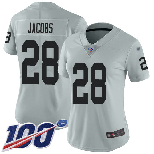 Raiders #28 Josh Jacobs Silver Women's Stitched Football Limited Inverted Legend 100th Season Jersey