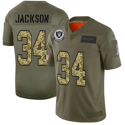Raiders #34 Bo Jackson Olive Camo Men's Stitched Football Limited 2019 Salute To Service Jersey