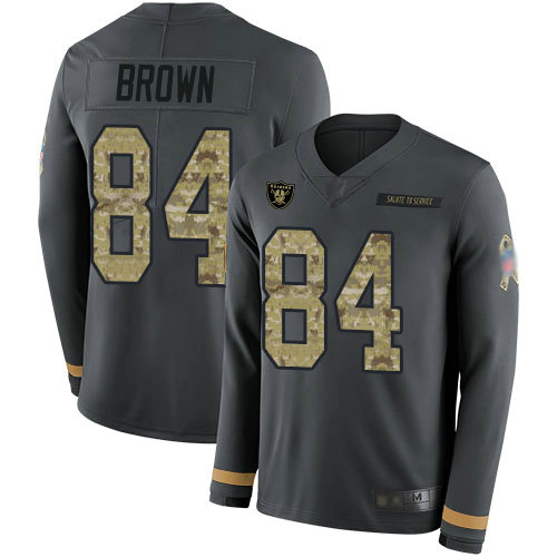 Raiders #84 Antonio Brown Anthracite Salute to Service Men's Stitched Football Limited Therma Long Sleeve Jersey