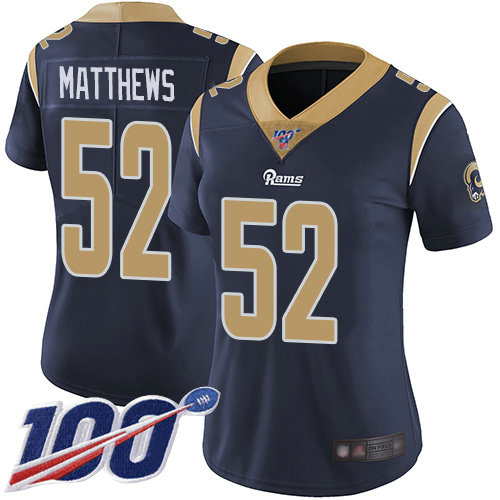 Rams #52 Clay Matthews Navy Blue Team Color Women's Stitched Football 100th Season Vapor Limited Jersey