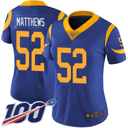 Rams #52 Clay Matthews Royal Blue Alternate Women's Stitched Football 100th Season Vapor Limited Jersey