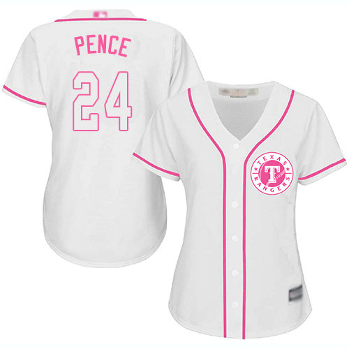 Rangers #24 Hunter Pence White Pink Fashion Women's Stitched Baseball Jersey