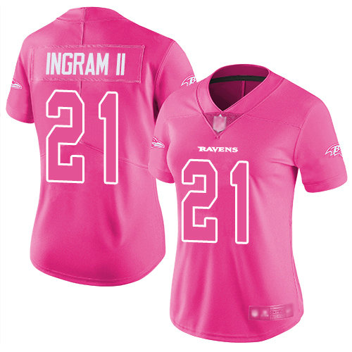 Ravens #21 Mark Ingram II Pink Women's Stitched Football Limited Rush Fashion Jersey