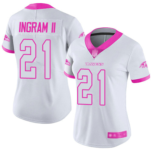 Ravens #21 Mark Ingram II White Pink Women's Stitched Football Limited Rush Fashion Jersey