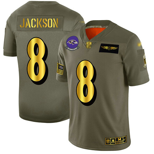 Ravens #8 Lamar Jackson Camo Gold Men's Stitched Football Limited 2019 Salute To Service Jersey