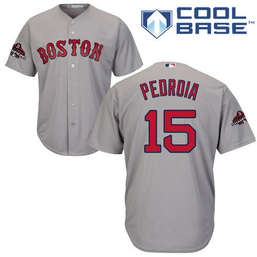 Red Sox #15 Dustin Pedroia Grey Cool Base 2018 World Series Champions Stitched Youth MLB Jersey