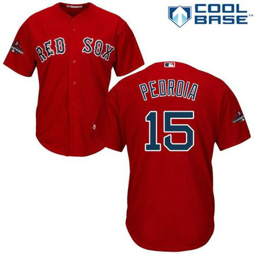 Red Sox #15 Dustin Pedroia Red Cool Base 2018 World Series Champions Stitched Youth MLB Jersey