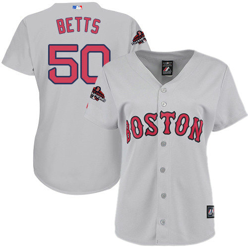 Red Sox #50 Mookie Betts Grey Road 2018 World Series Champions Women's Stitched MLB Jersey