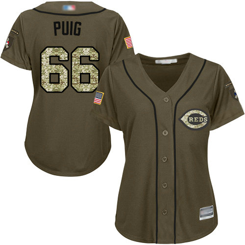 Reds #66 Yasiel Puig Green Salute to Service Women's Stitched Baseball Jersey