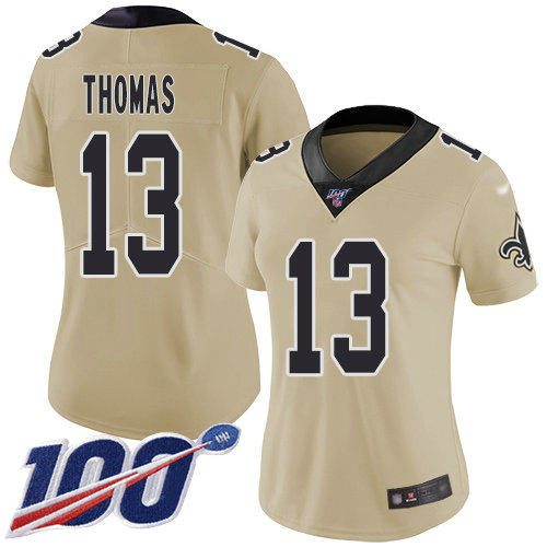 Saints #13 Michael Thomas Gold Women's Stitched Football Limited Inverted Legend 100th Season Jersey