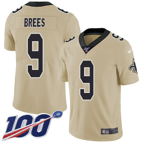 Saints #9 Drew Brees Gold Youth Stitched Football Limited Inverted Legend 100th Season Jersey