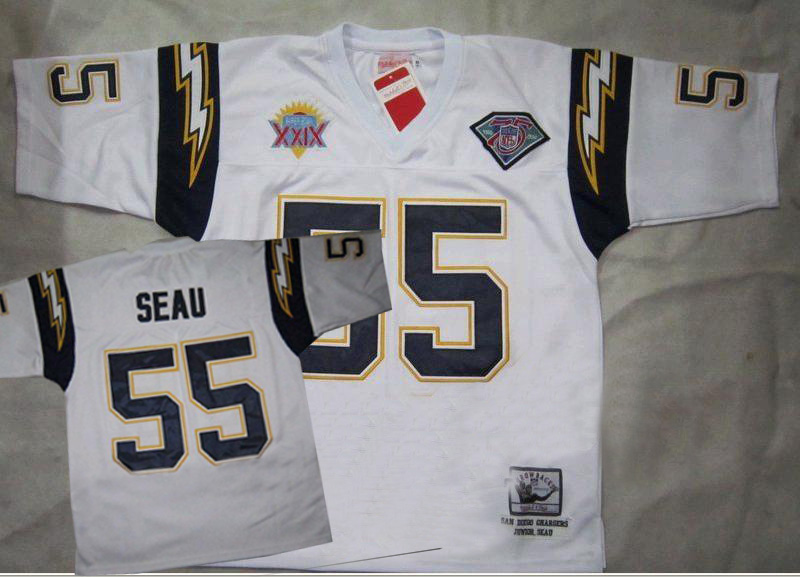 San Diego Chargers 55# Junior Seau white Throwback 75th patch Jersey
