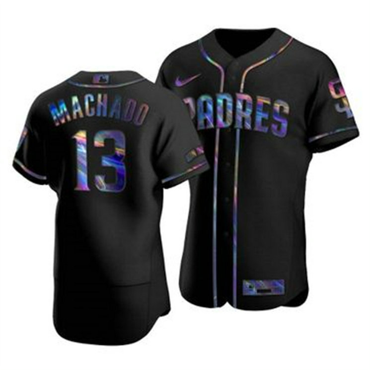 San Diego Padres #13 Manny Machado Men's Nike Iridescent Holographic Collection MLB Jersey - Black