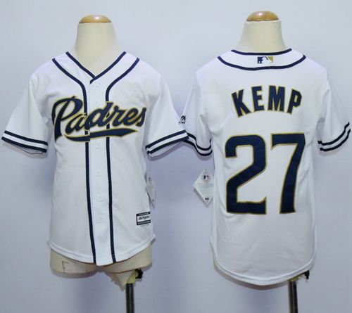 San Diego Padres 27 Matt Kemp White Home Cool Base Kid MLB Jersey