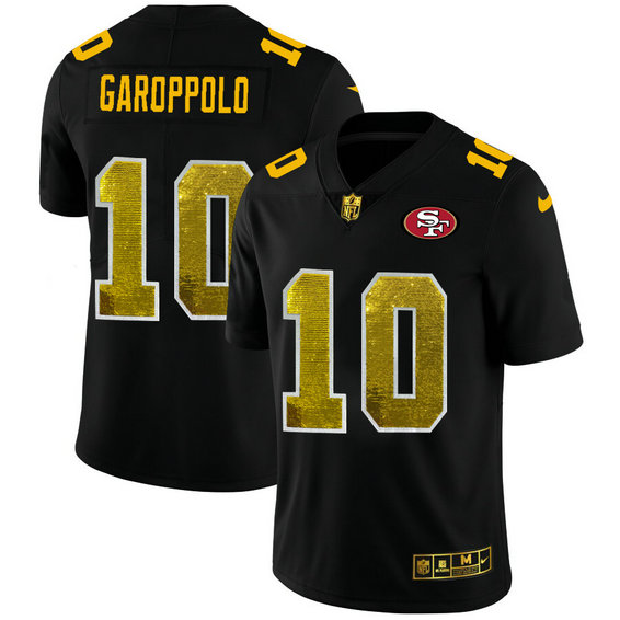 San Francisco 49ers #10 Jimmy Garoppolo Men's Black Nike Golden Sequin Vapor Limited NFL Jersey