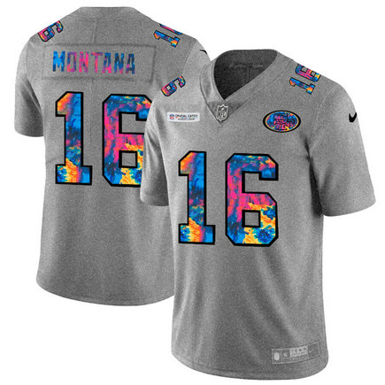 San Francisco 49ers #16 Joe Montana Men's Nike Multi-Color 2020 NFL Crucial Catch NFL Jersey Greyheather