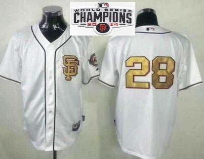 San Francisco Giants 28 Buster Posey Cream Gold No. 2014 World Series Champions Patch Stitched MLB Baseball Jersey