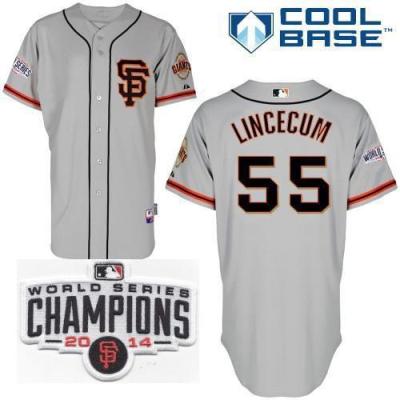 San Francisco Giants 55 Tim Lincecum Grey Road 2 2014 World Series Champions Patch Stitched MLB Baseball Jersey