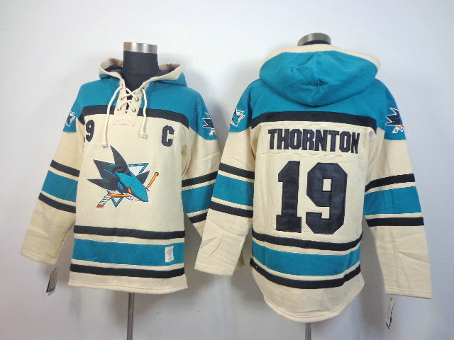 San Jose Sharks 19 Joe Thornton cream with blue NHL Fashion hoddies
