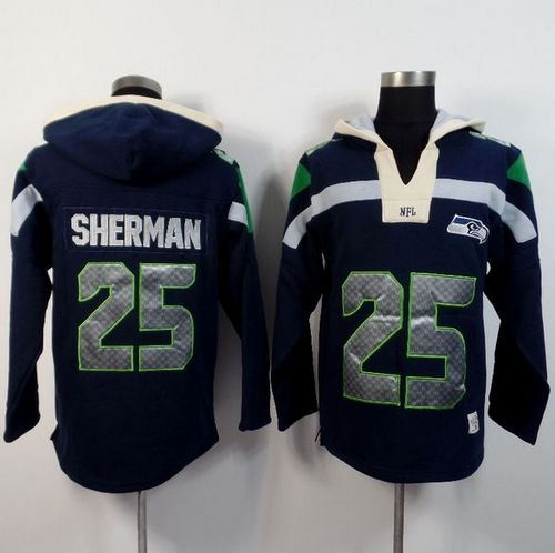 Seattle Seahawks 25 Richard Sherman Navy Blue Player Winning Method Pullover NFL Hoodie