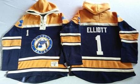 St. Louis Blues 1 Brian Elliott Navy Blue Gold Sawyer Hooded Sweatshirt NHL Jersey