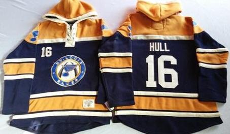 St. Louis Blues 16 Brett Hull Navy Blue Gold Sawyer Hooded Sweatshirt NHL Jersey