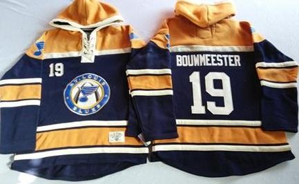 St. Louis Blues 19 Jay Bouwmeester Navy Blue Gold Sawyer Hooded Sweatshirt NHL Jersey