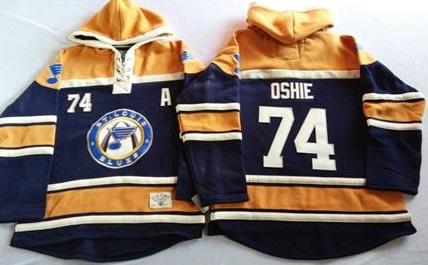 St. Louis Blues 74 T.J Oshie Navy Blue Gold Sawyer Hooded Sweatshirt NHL Jersey