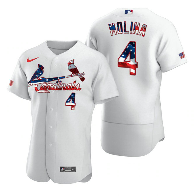 St. Louis Cardinals #4 Yadier Molina Men's Nike White Fluttering USA Flag Limited Edition Authentic MLB Jersey