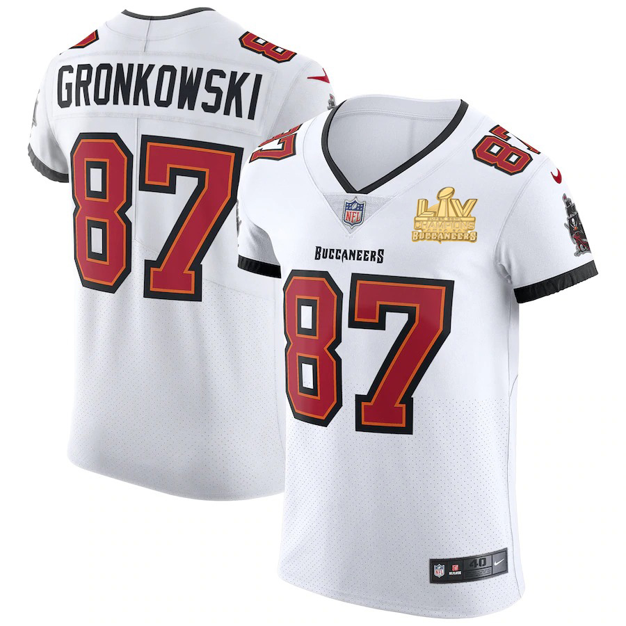 Tampa Bay Buccaneers #87 Rob Gronkowski Men's Super Bowl LV Champions Patch Nike White Vapor Elite Jersey